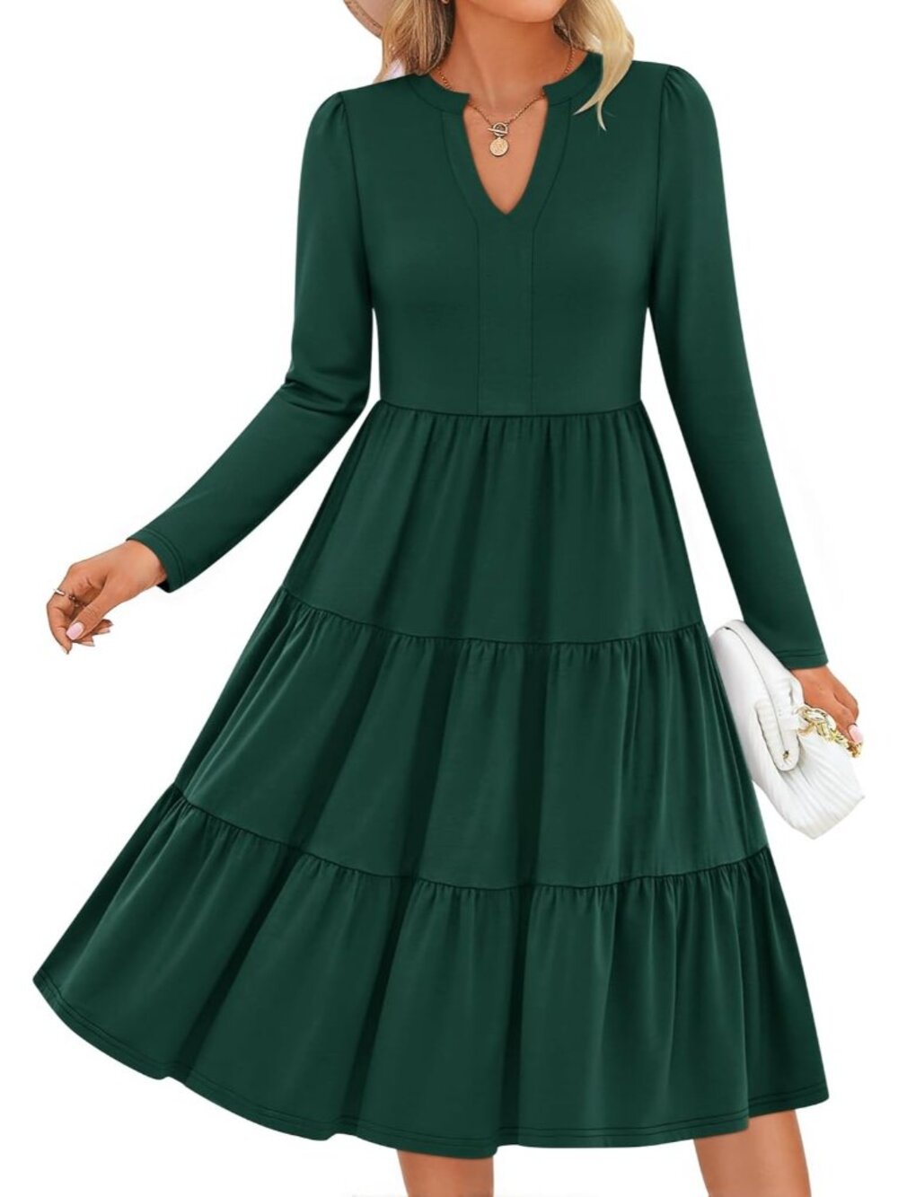 🆕Women's Dark Green Long Sleeve V Neck Loose Fit Flowy A LINE Ruffle MIDI Dress